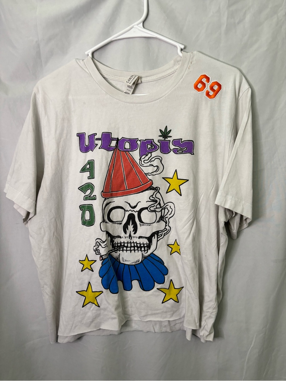 Utopia 420 Graphic Tee - White with Multicolor Print cut off shirt